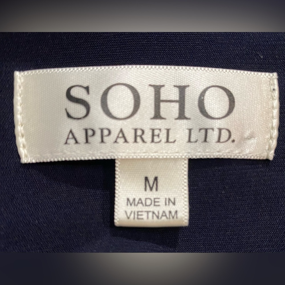 Soho apparel, LTD, medium navy blue dress with gold tone, buttons, 4/3 sleeves - Picture 5 of 5